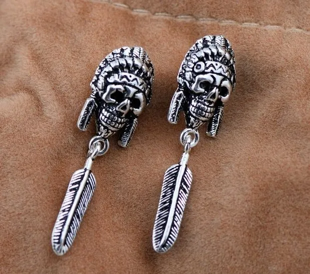 

925 Sterling Silver Wholesale Indian head female personality Feather Earrings
