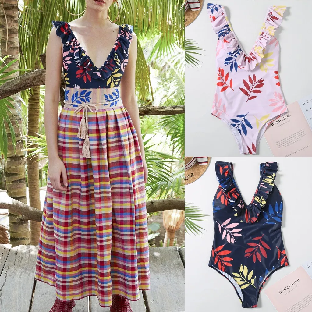 Цельное женское сексуальное бикини с глубоким v образным вырезом и оборками