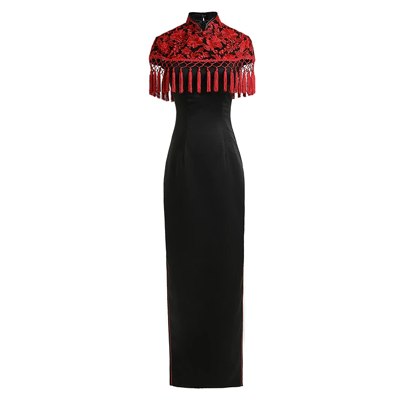 Черные женские вечерние платья в пол вечернее Ципао китайском стиле с кисточками