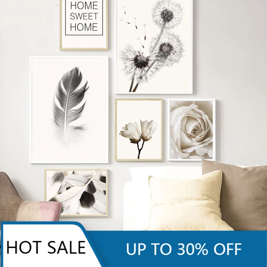 Настенная Картина на холсте постеры скандинавский черный белый Одуванчик Роза