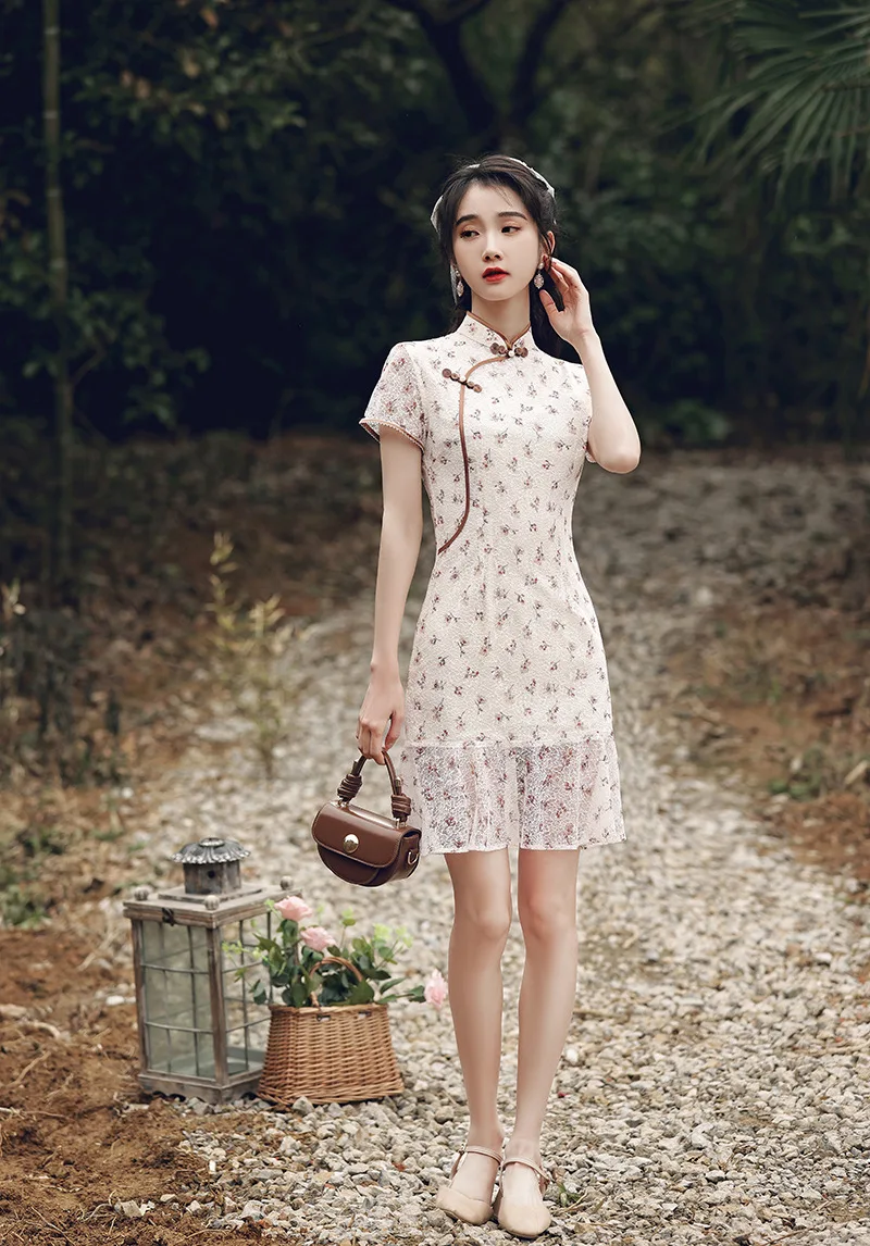 

Spring Summer Elegant Short Sleeve Mermaid Chiffon Cheongsam Traditional Chinese Style Female Qipao
