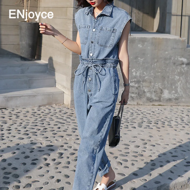 

Fashion Blue Jeans Double Drawstring High Waist Woman Sleeveless Jumpsuit Summer Loose Cargo Pockets Ladies Denim Jump Suits