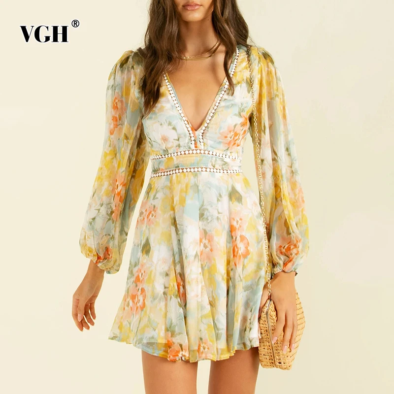 

Женское мини-платье VGH, желтое платье с цветочным рисунком, V-образным вырезом, длинными рукавами-фонариками, с высокой талией, в Корейском ст...