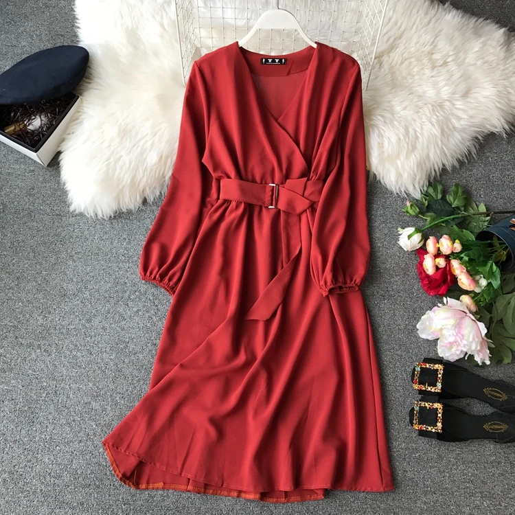ALPHALMODA осеннее офисное женское платье с длинными рукавами и поясом, новое повседневное шифоновое платье с высокой талией и v-образным вырезом, однотонное женское платье до середины икры