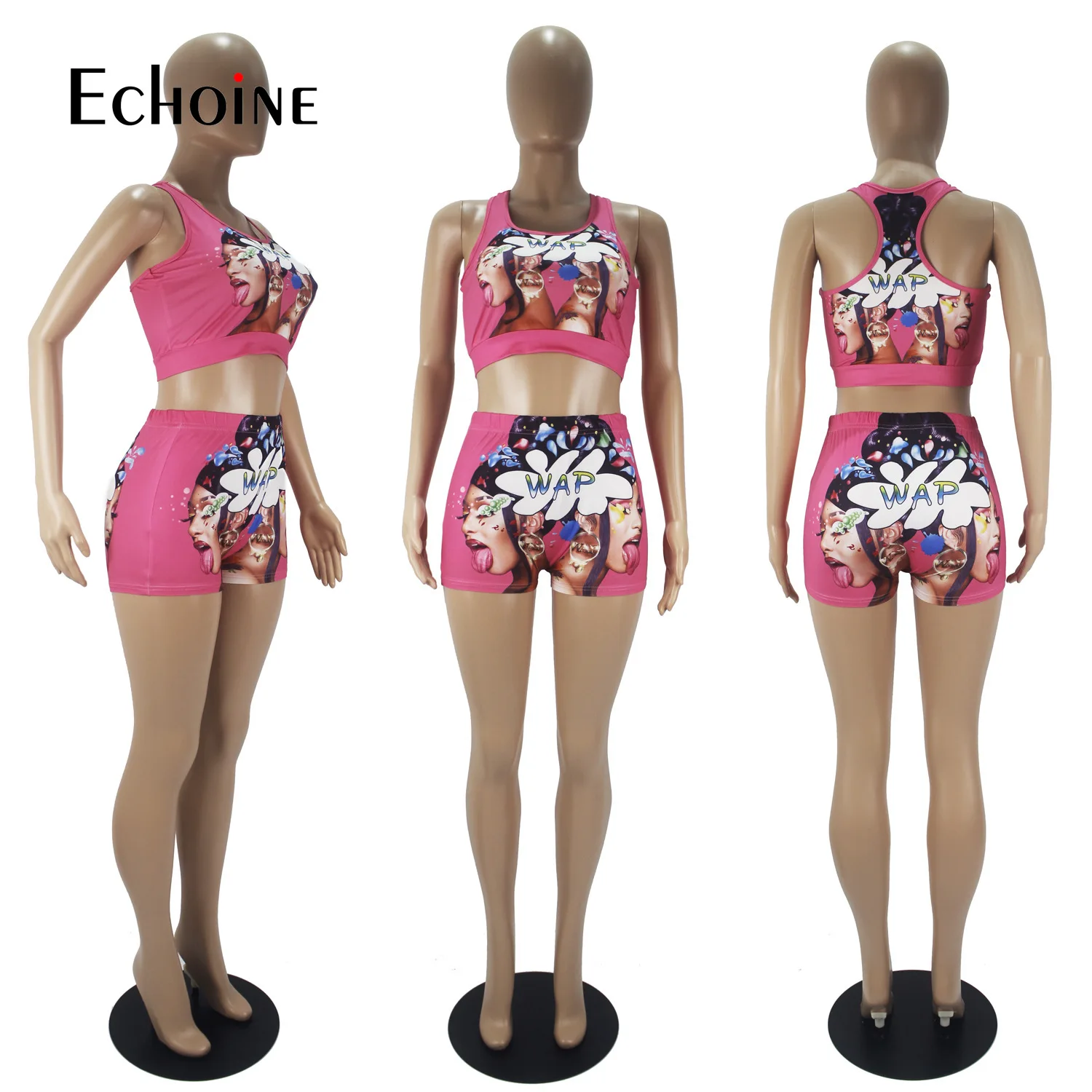 

Echoine Women Summer Sexy wap Printed Two Piece Set Sport Vest Crop Top Sleeveless Skinny High Waist Shorts Tracksuit Outfit