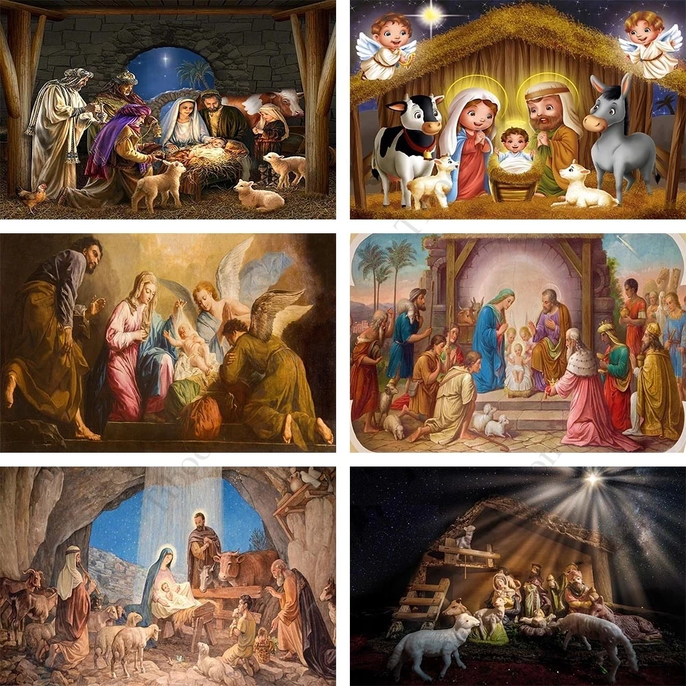 

Christian Jesus Birth Scene Backdrop Christmas Nativity Party Sheep Vinyl Photography Background Photo Studio Photocall Props