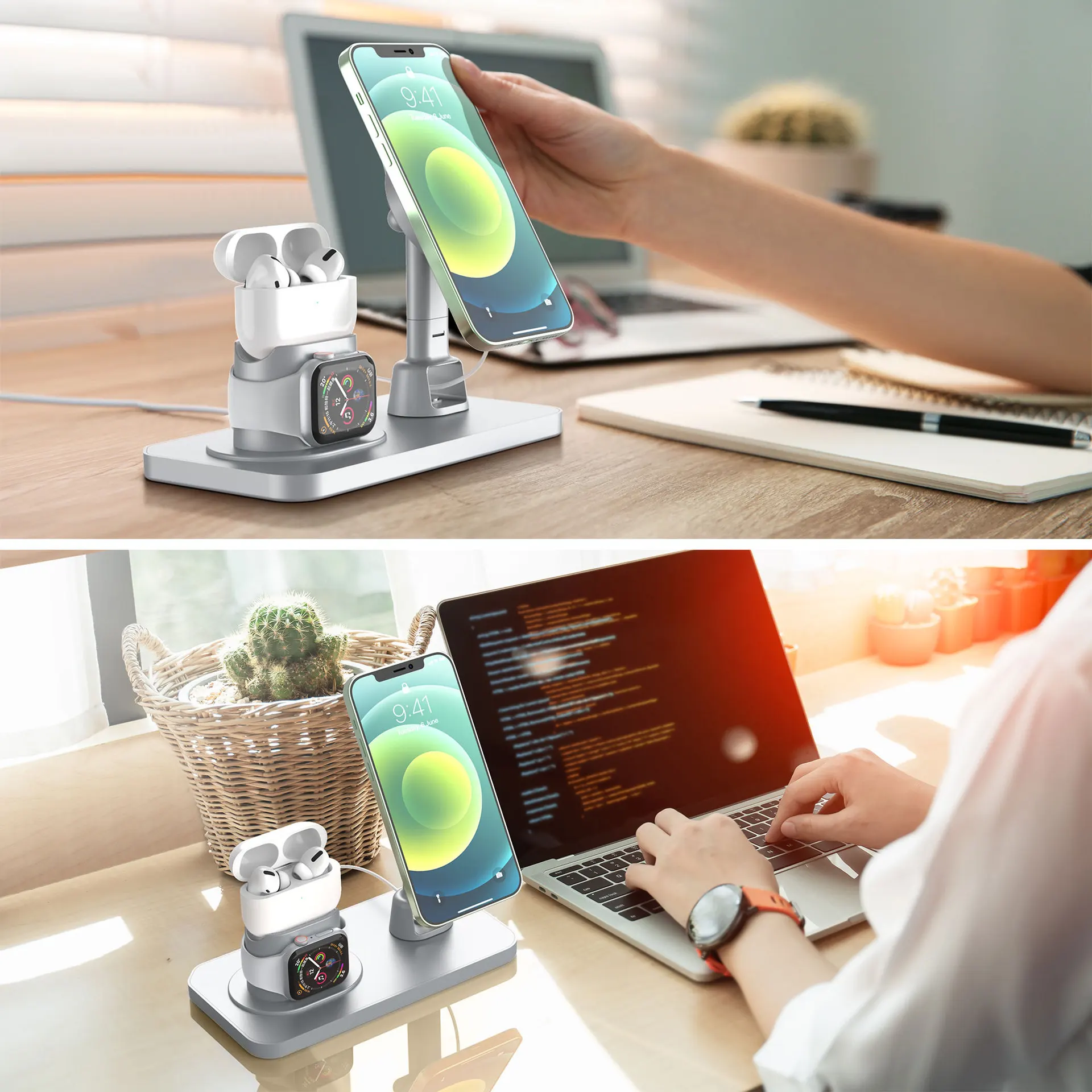 

3 IN 1 Phone Holder for Iphone 12 Mini Pro Max Desk Phone Stand Magsafe Charging Dock Station for Apple Watch 6 5 4 Airpods Por