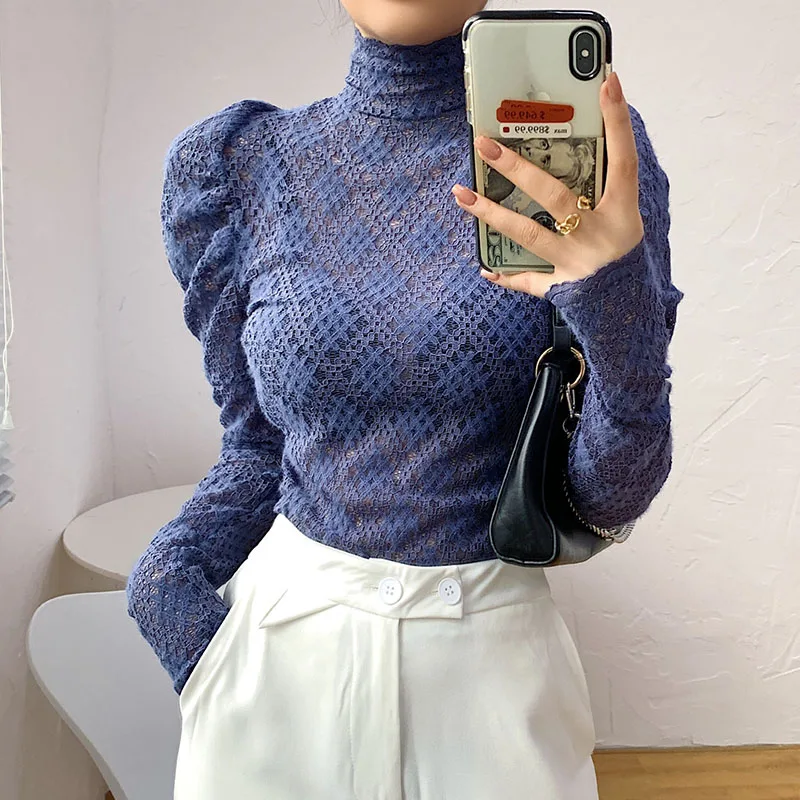 

Fashion women's top 2020 autumn and winter high-neck lace plus velvet thick slim-fit mesh puff sleeve bottoming shirt