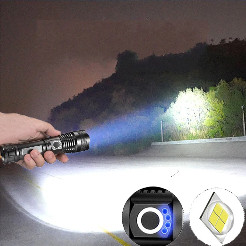 

LED Flashlight Mechanical Zoom USB Rechargeable High Power Torch Waterproof 18650 Tactical Flash Light Telescopic Camping Lamp