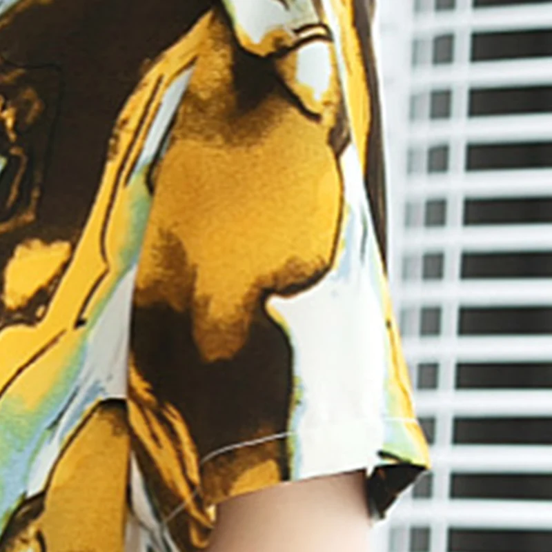 

2021 new spring and summer plus size women's slim fit shirt skirt yellow black print short-sleeved summer dress