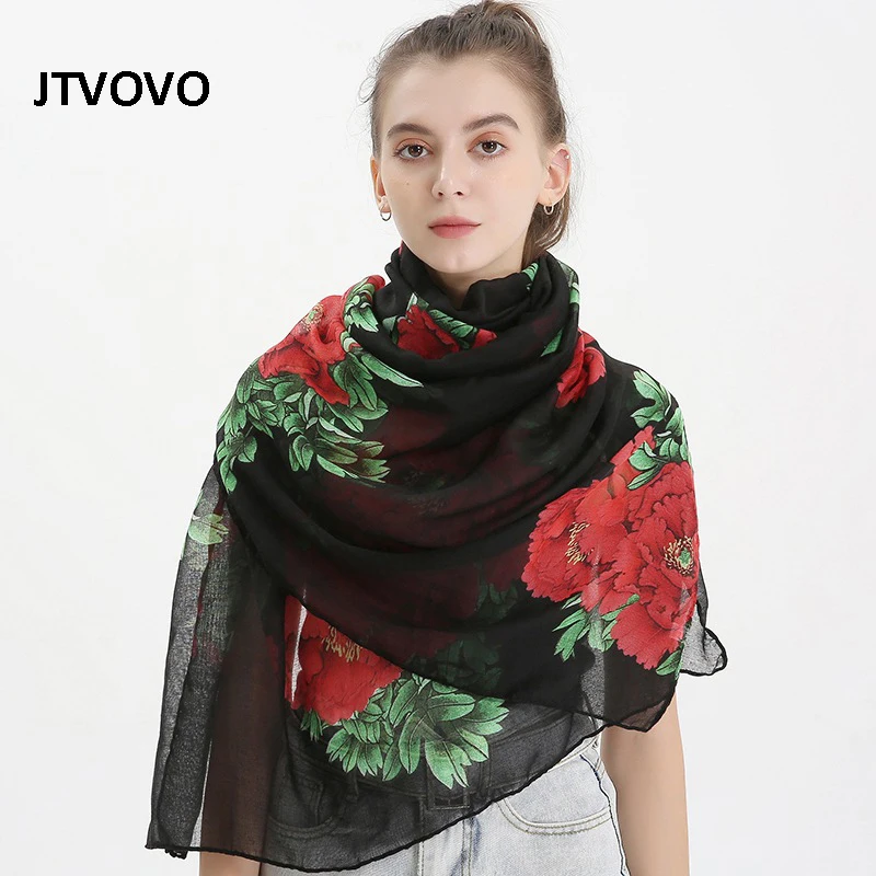 

JTVOVO RUNMEIFA 2021 New 180*90CM Cotton And Linen Famous Family Print Scarf Fashion Shawl Women With Big Flowers Hijab Turban