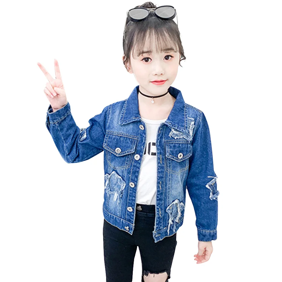Джинсовая куртка для девочек со звездами верхняя одежда пальто рваная Верхняя