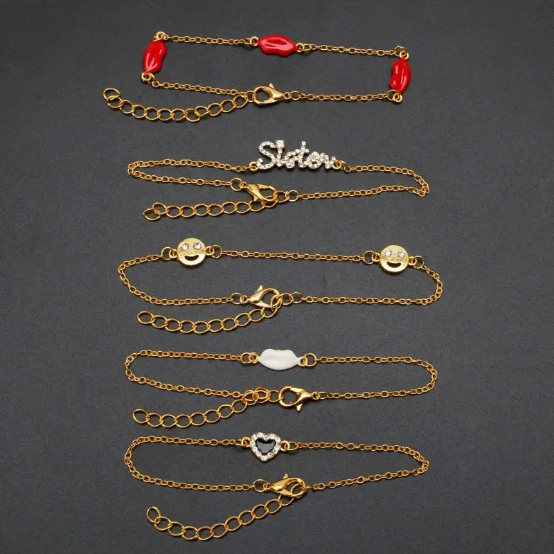 5Pcs Women Sweet Lips Sisters Crystal Inlaid Gold Chain Bracelet Kit Jewelry Set | Украшения и аксессуары