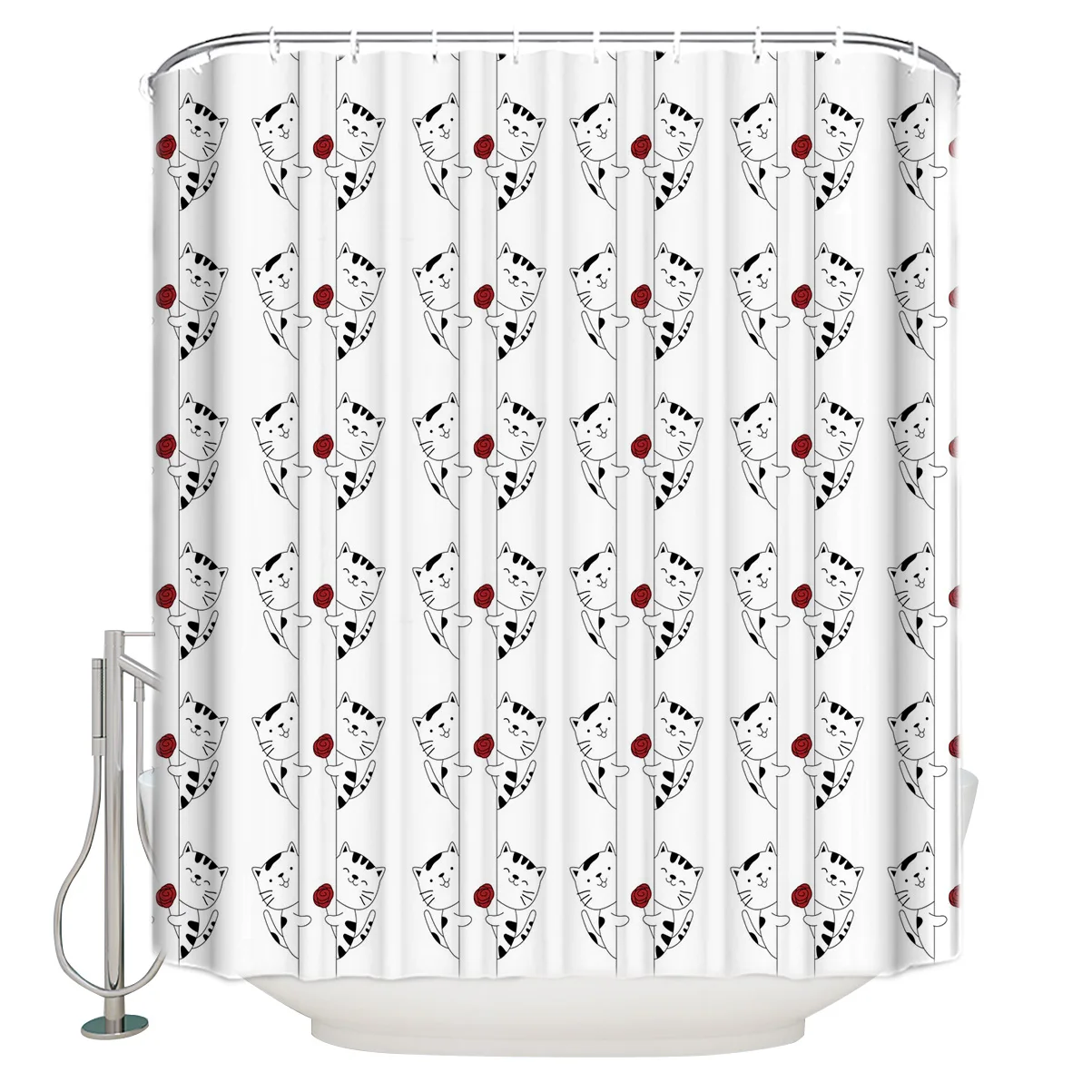 Занавеска для душа в романтическом стиле с изображением кошки и милой розы на