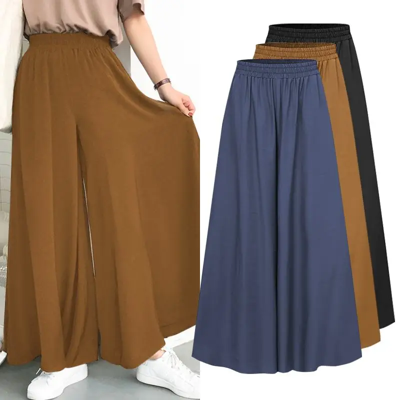 

2021 Spring Autumn Elastic Band Wide leg Pants Female Solid Wide Full Length Pant Women's Casual Ladies Pants Plus Size