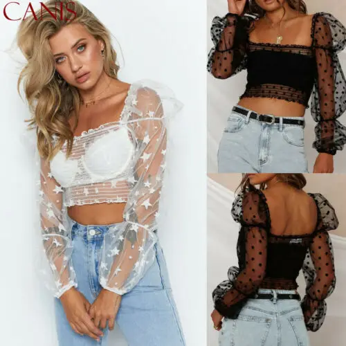 Модный женский прозрачный укороченный топ с квадратным вырезом и длинными