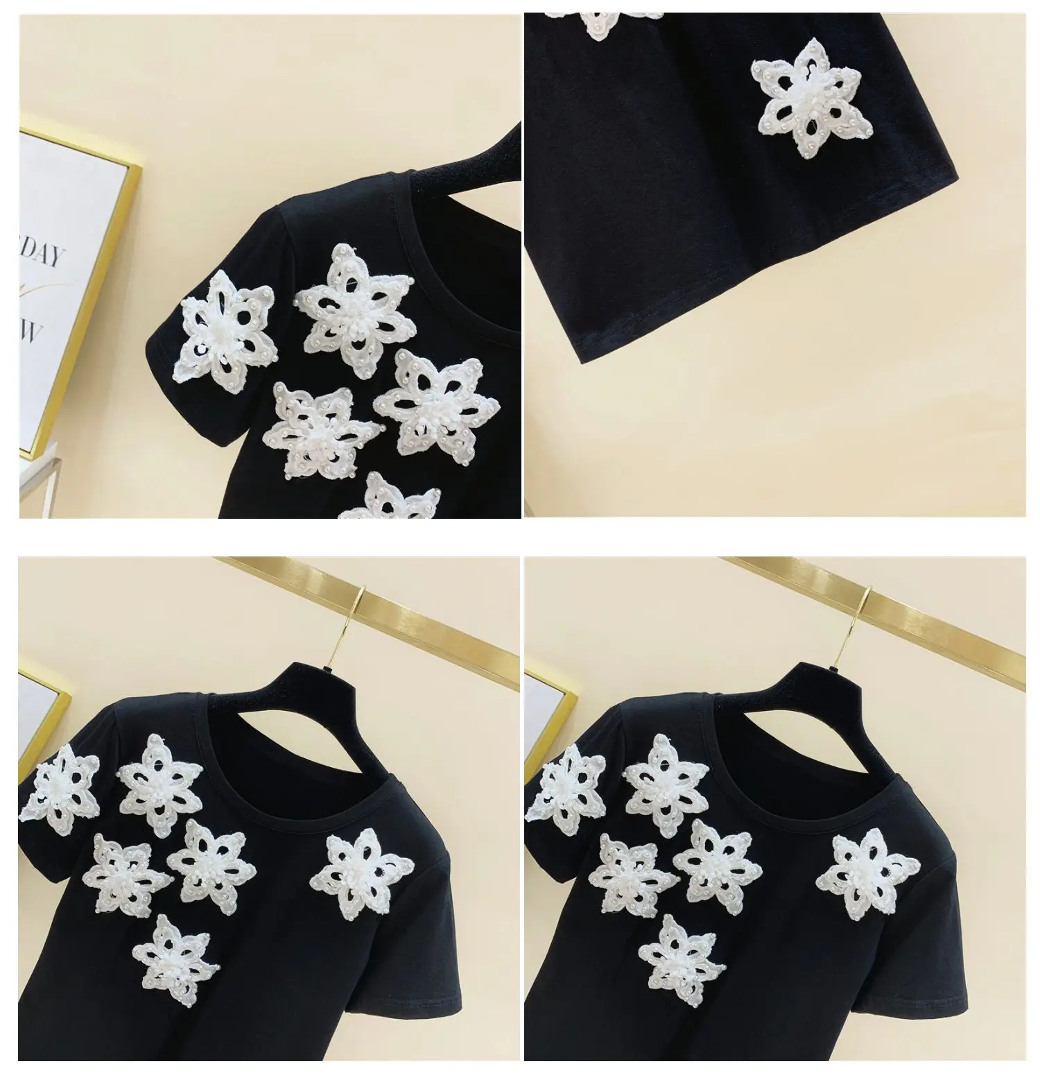 

2021 Summer Beads 3D Flower Stitching Loose Short-Sleeved T-shirt Fashionable Simple Round Neck Pullover Women Top Tee