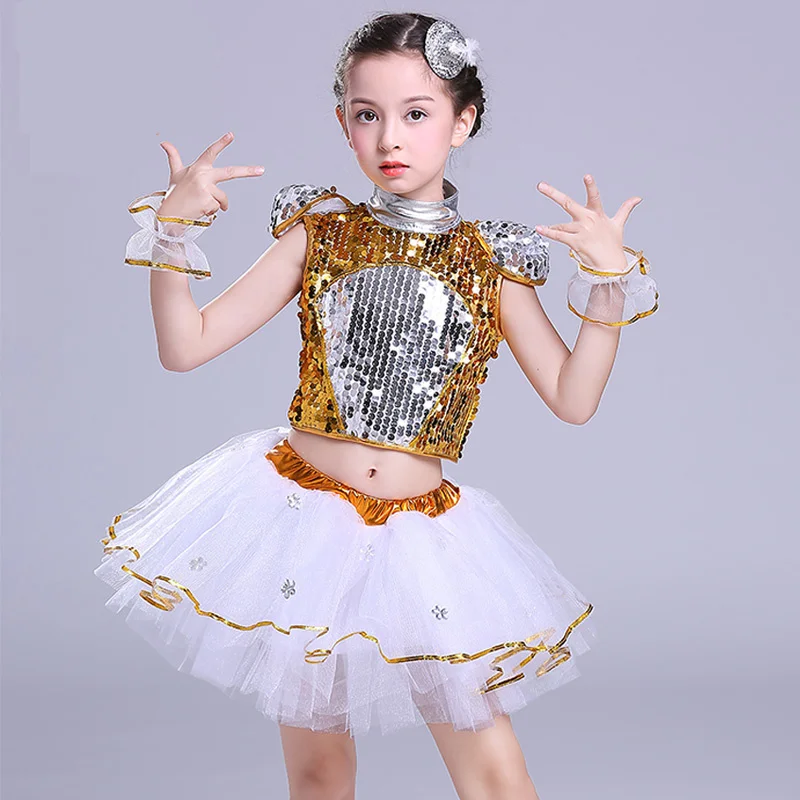 

New Children's Jazz Dance Modern Cheerleading Costumes Hip Hop Boy Girls Crop Top And Pants Sequins Jazz Dance Performance Set