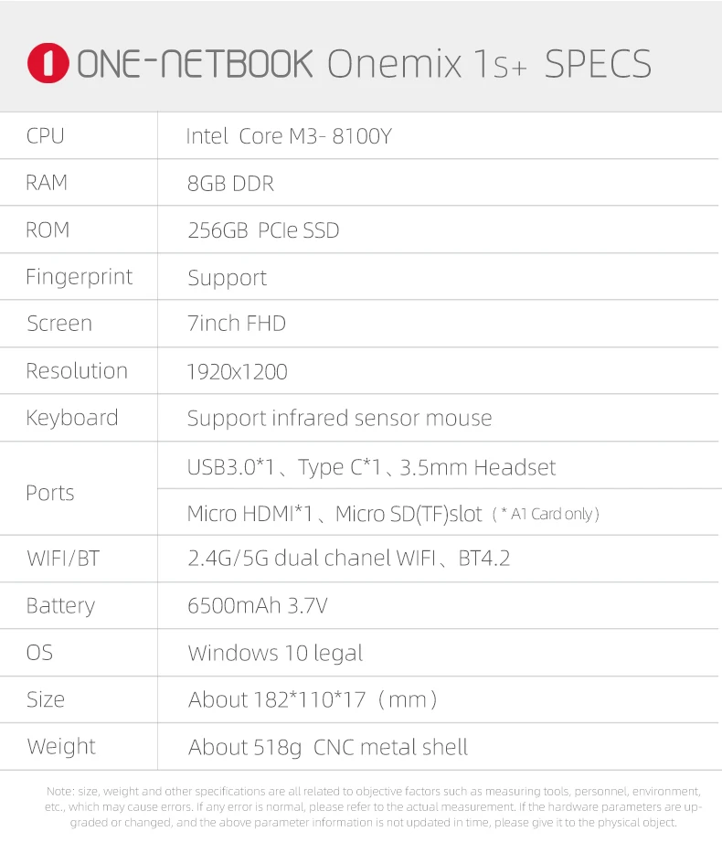 Мини-нетбук One Mix 1S + Yoga карманный ноутбук Intel Core M3-8100Y 7-дюймовый IPS сенсорный экран