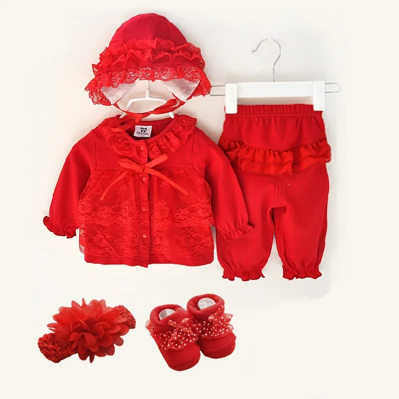 red set 5 pcs sock Одежда для новорожденных девочек 0-3 месяцев, 3 предмета, милый комплект, 1 день рождения,, одежда для малышей, детская шапка, повязка на голову, Кружевной Костюм для малышей 0, 12 - Цвет: red set 5 pcs sock