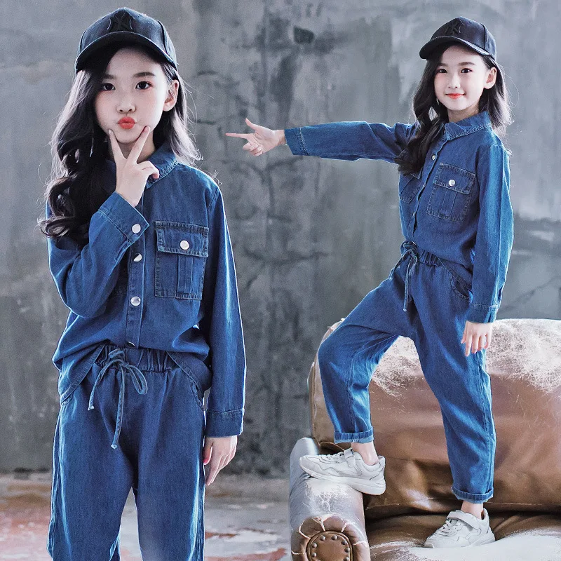 

Children Girls Spring Autumn Clothes Outfits Denim Shirts + Pants Casual Tracksuit for Kids Clothing Two-Piece Set 6 8 10 12 Yrs