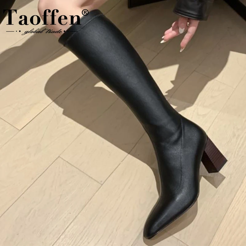 

Женские сапоги до колена Taoffen, модные зимние сапоги на высоком толстом каблуке, повседневная Офисная Женская обувь, Размеры 33-40