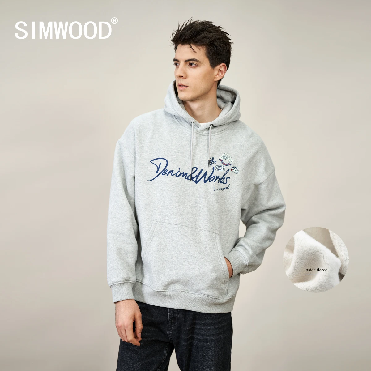 

SIMWOOD 2023 Autumn Winter New Oversize Loose Letter Print Hoodies Men Warm Fleece Lined Sweatshirts Hooded Pullovers