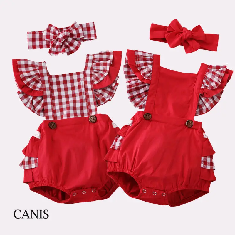 Комбинезон с повязкой на голову для девочек 2 шт. красный в клетку оборками