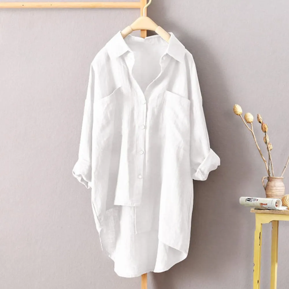 

Women Blouse Long Sleeve Plus Size Button Down Asymmetrical High Low Loose Different Cutting Lady Korean Style Design