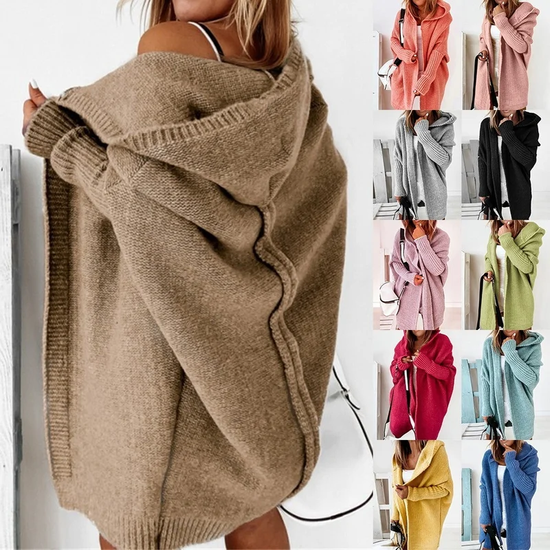 

Women Autumn Winter Sweaters Coats Batwing Sleeve Hooded Cardigans Sweater Jackets Ladies Casual Knitted Jumper Tops