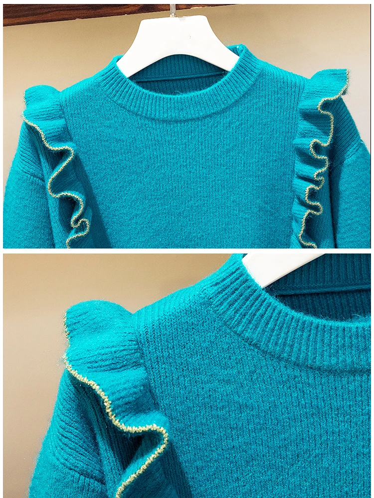 

ICHOIX 2020 Winter New Korean Version Ruffled Round Neck Knitted Sweater High Waist Woolen Plaid Short Skirt Two-piece Suit