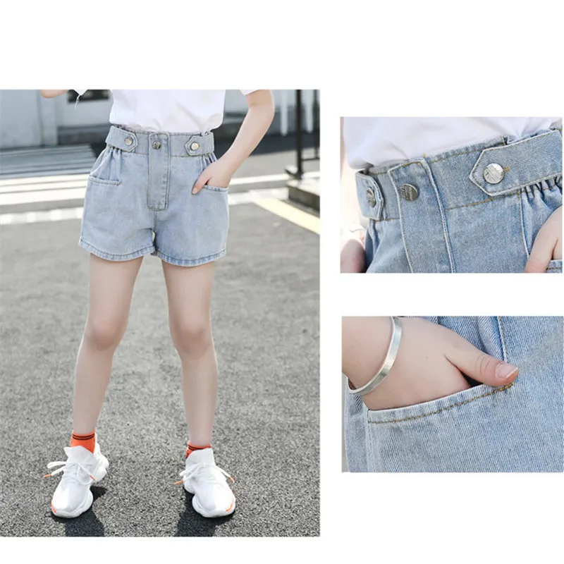 

Summer Baby Girls Button Denim Shorts With Pocket Kids Elastic Waits Jean Shorts For Girls Age 4 5 6 7 8 9 10 11 12 13 Years Old