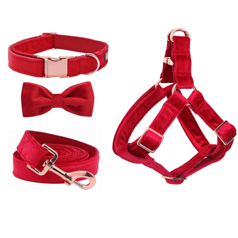 

Red Velvet Dog Harness Basic Dog Collar Bow tie Leash Adjustable Buckle Soft Fabric for Dog or Cat