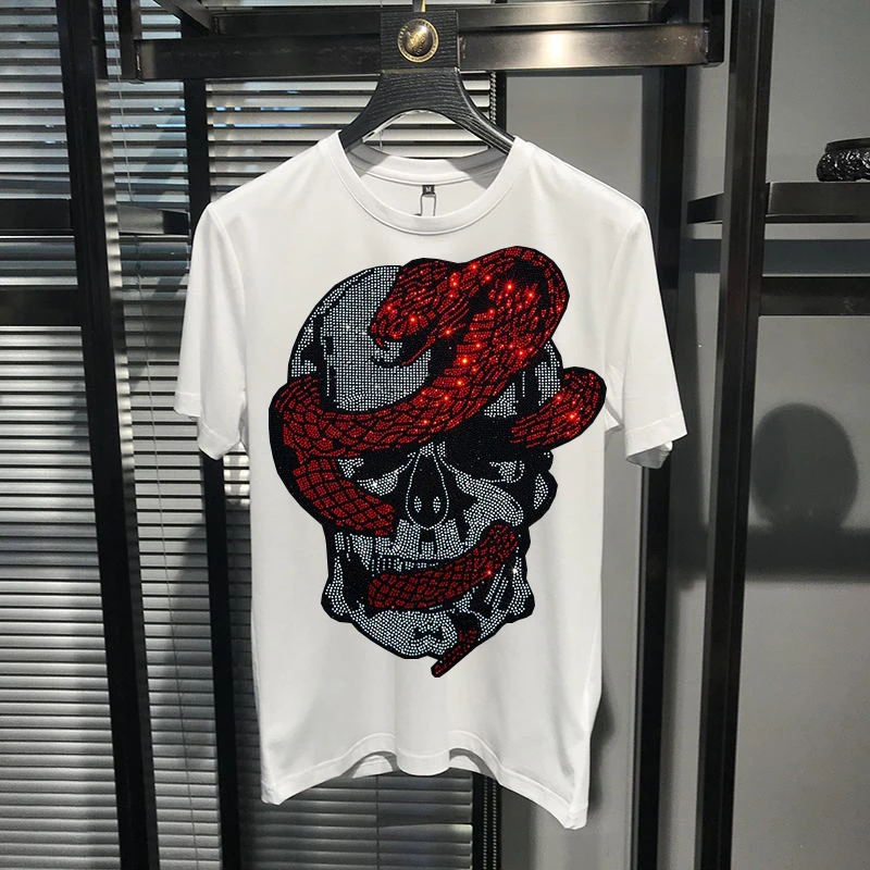 

European Summer New Style Casual Men's Luxury Young T-Shirt Brand Hot Drill High-Definition 3D Pattern Slim Short Sleeve