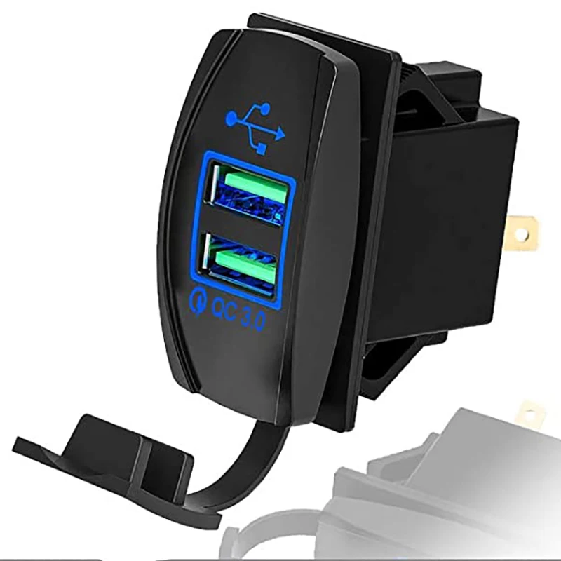 

Universal Rocker Style 12-24V Quick Charge QC 3.0 USB Charger for UTV ATV SXS Boat Car Motorcycle, with Blue LED Backlit