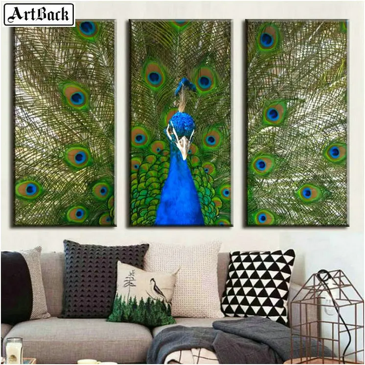 

Triptych animal 5d diamond painting peacock full square diamond mosaic art 3d sticker decoration