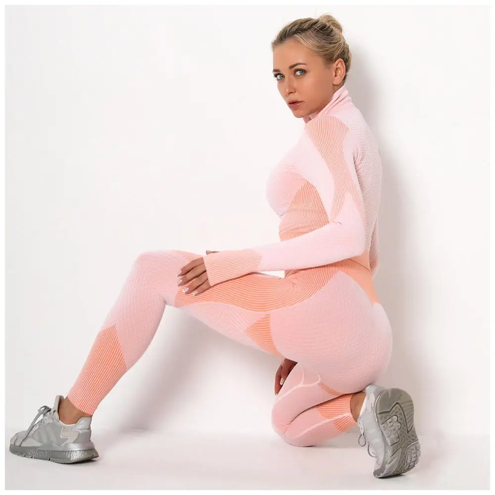 

Sexy seamless knitted yoga clothing suit fitness hip leggings running sportswear suit women long-sleeved trousers suit women
