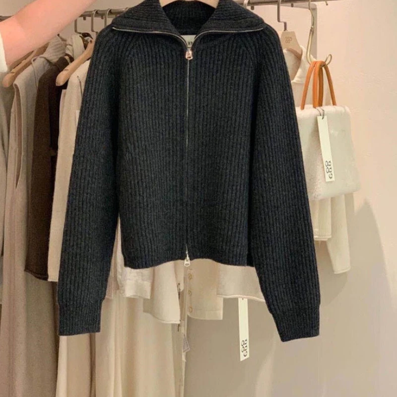 Sweater Cardigan Women Spring New Solid Vintage All-match Elegant Zipper Loose Daily Soft Sweet Simple Casual Knitwear Chic Teen images - 6