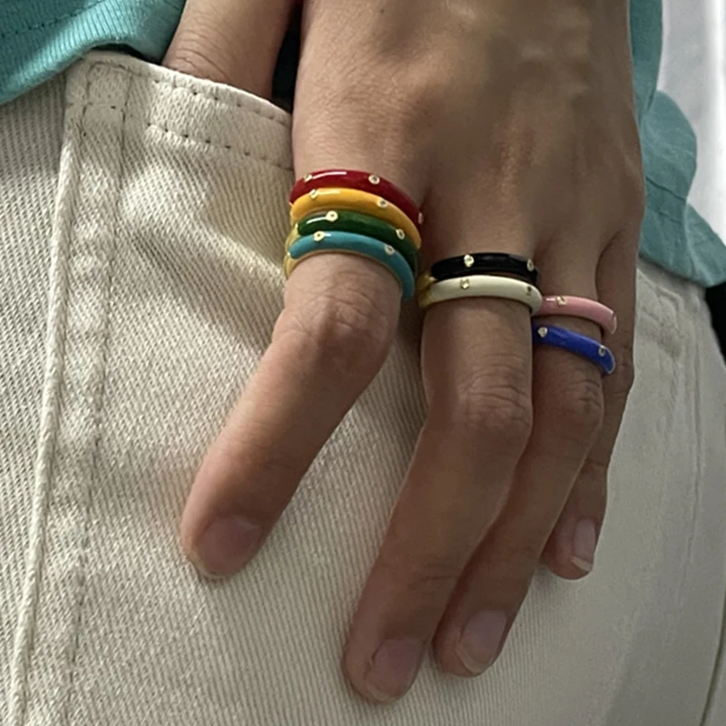 

GS 925 Sterling Silver Colorful Enamel Resizable Rings Luxury Waterdrop Zircon Gemstone Mosaic Dripping Oil Openning Rings