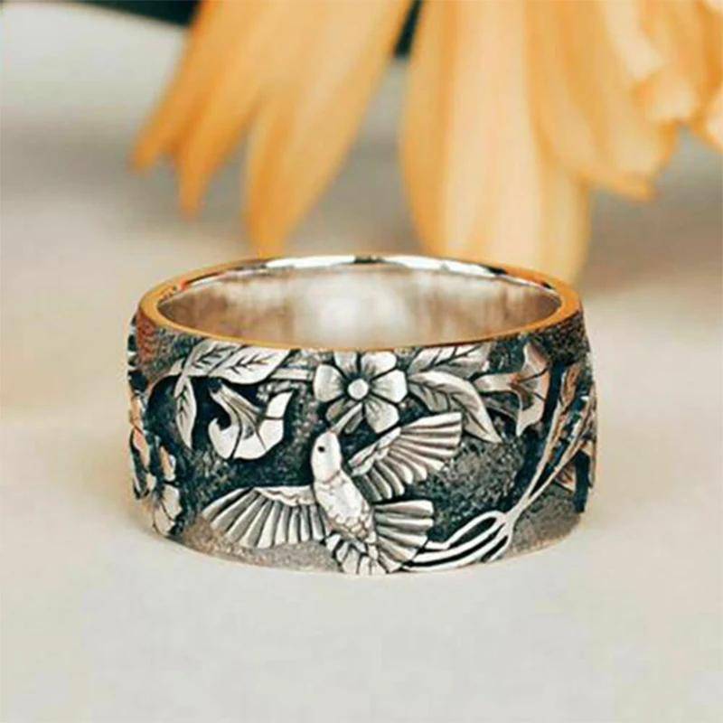 

Vintage Flower and Bird Engraving Ring Silver Plated Wide Rings For Men Women Punk Party Retro Jewelry Accessories Gift B4M806