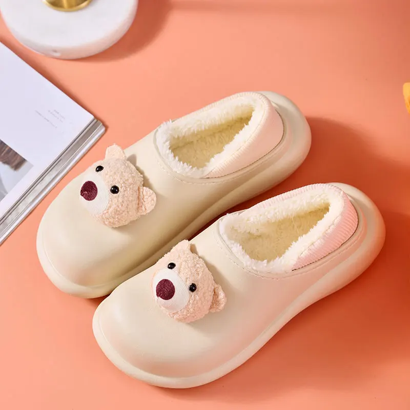 Waterproof Winter Home Slippers Women Plush Warm Non-Slip Outdoor Rabbit Bear Cotton  Unisex Men Slippers Comfort Soft Sole