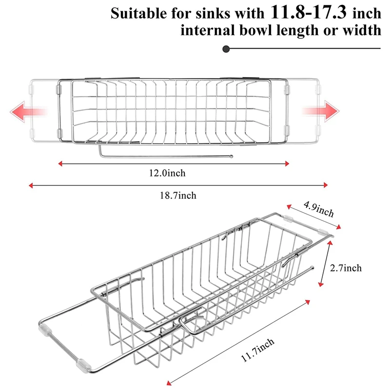

Telescopic Sink Storage Rack, Kitchen Sink Caddy with Towel Drying Rack, Sink Basket with Dishcloth Hanger