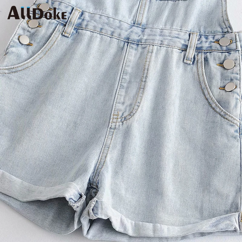 

ALLDOKE blue casual denim playsuit women summer high waist pockets short jumpsuit streetwear ladies jeans rompers overalls mujer