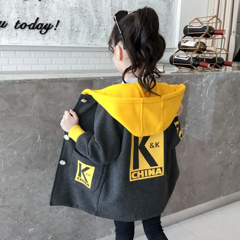 

Spring & Autumn Woolen Jacket For Girl New 2021 Korean Version Thicken Fashion Coat Hooded Casual Mid-Length Children's Clothing