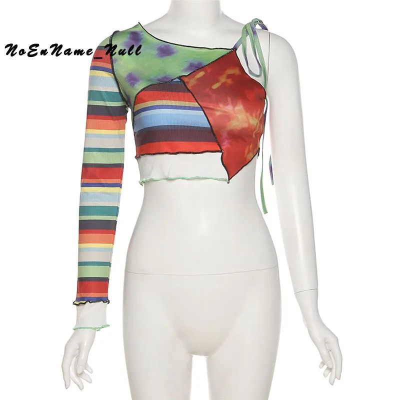 

Fashion street off shoulder personalized design stitching contrast top 2021 summer sexy navel slim fit T-shirt Y2K Crop Tops