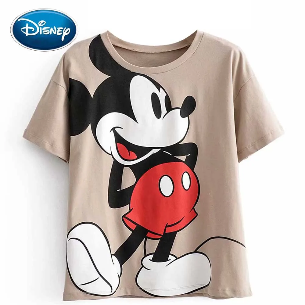 

Disney Cute Mickey Mouse Cartoon Print Khaki T-Shirt Casual Fashion Women O-Neck Pullover Short Sleeve Harajuku Loose Tee Tops