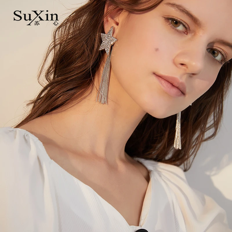 Серьги SuXin 2020 новые модные пятиконечные звездочные серьги для женщин длинные