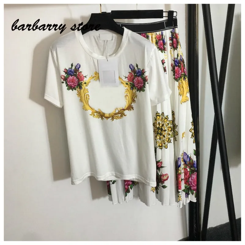 

2021 luxury high quality fashion flower print slim fit women's short sleeve T-shirt + high waist temperament pleated skirt suit