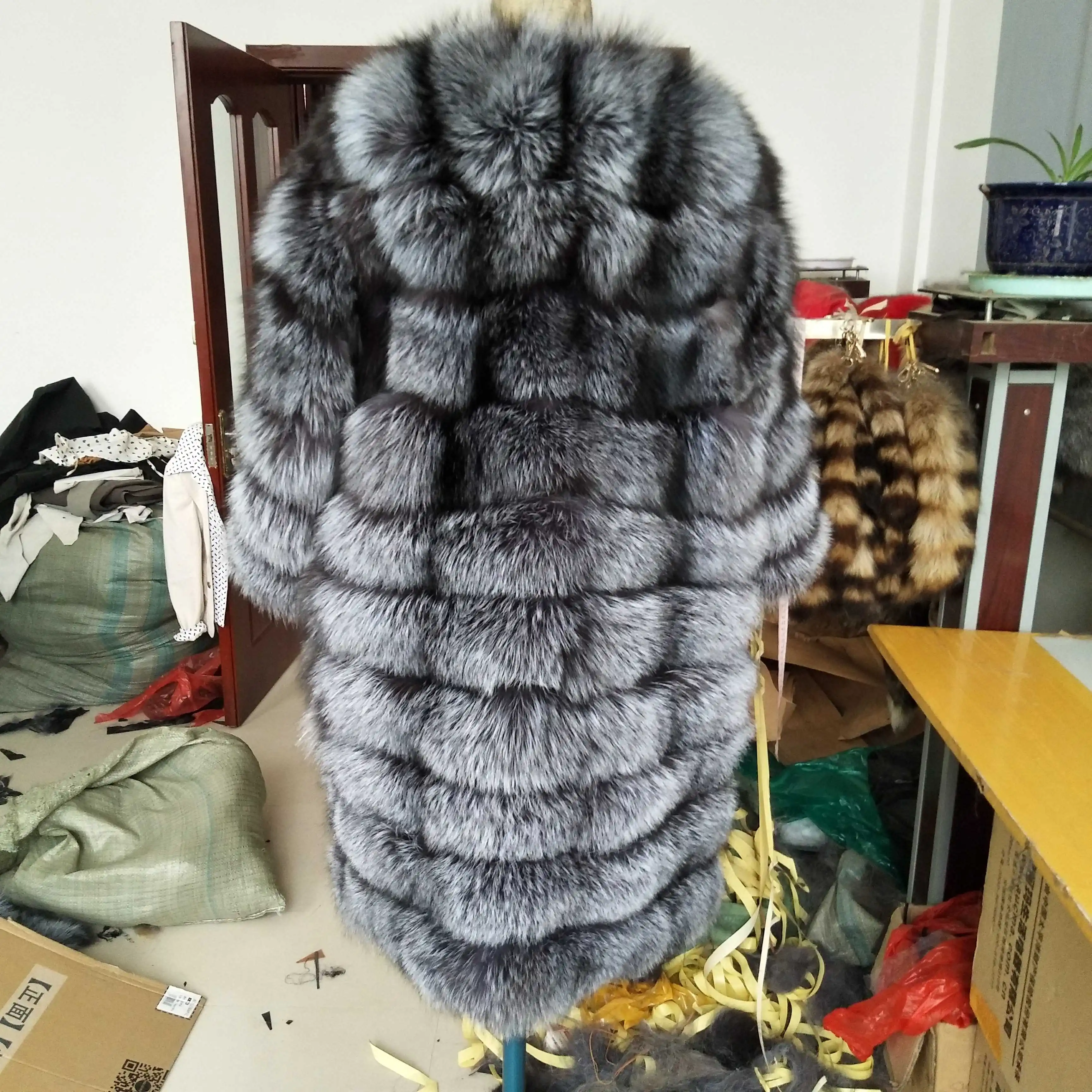 MLHXFUR на заказ 80 см шуба из серебристого лисьего меха горизонтальные полосы зимняя