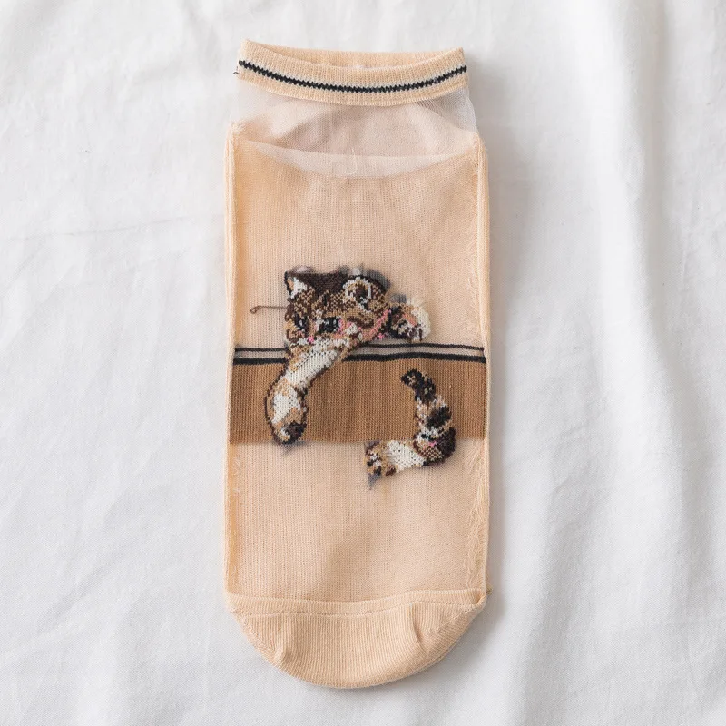 

Cat Card Silk Boat Socks Cotton Bottom Socks 1 Pair Ladies Transparent Crystal Stockings Women's Socks Female Woman Girls Socks